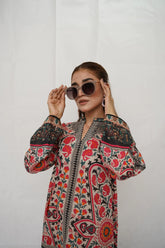 Oriental Charm – 2-Piece Beige & Bold Printed Suit - Brands Kahani