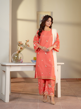 Coral Embroidered Lawn Suit with White Dupatta Kahani47
