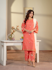 Coral Embroidered Lawn Suit with White Dupatta Kahani47