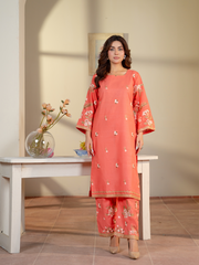Coral Embroidered Lawn Suit with White Dupatta Kahani47