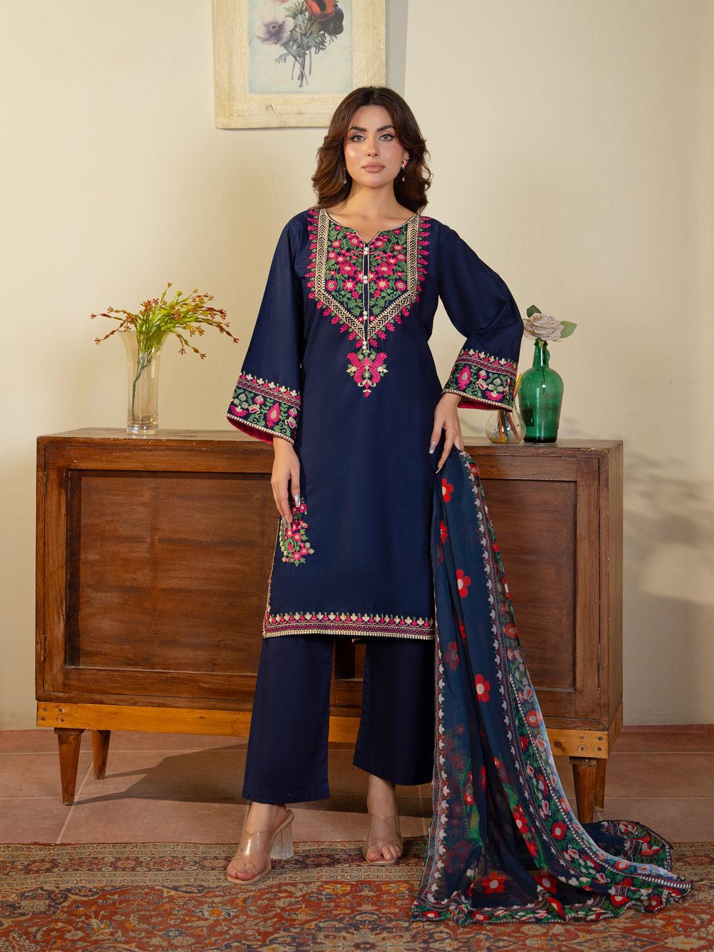 Navy Blue Embroidered Lawn Suit with Floral Dupatta & Trousers | Kahani 47 - Brands Kahani