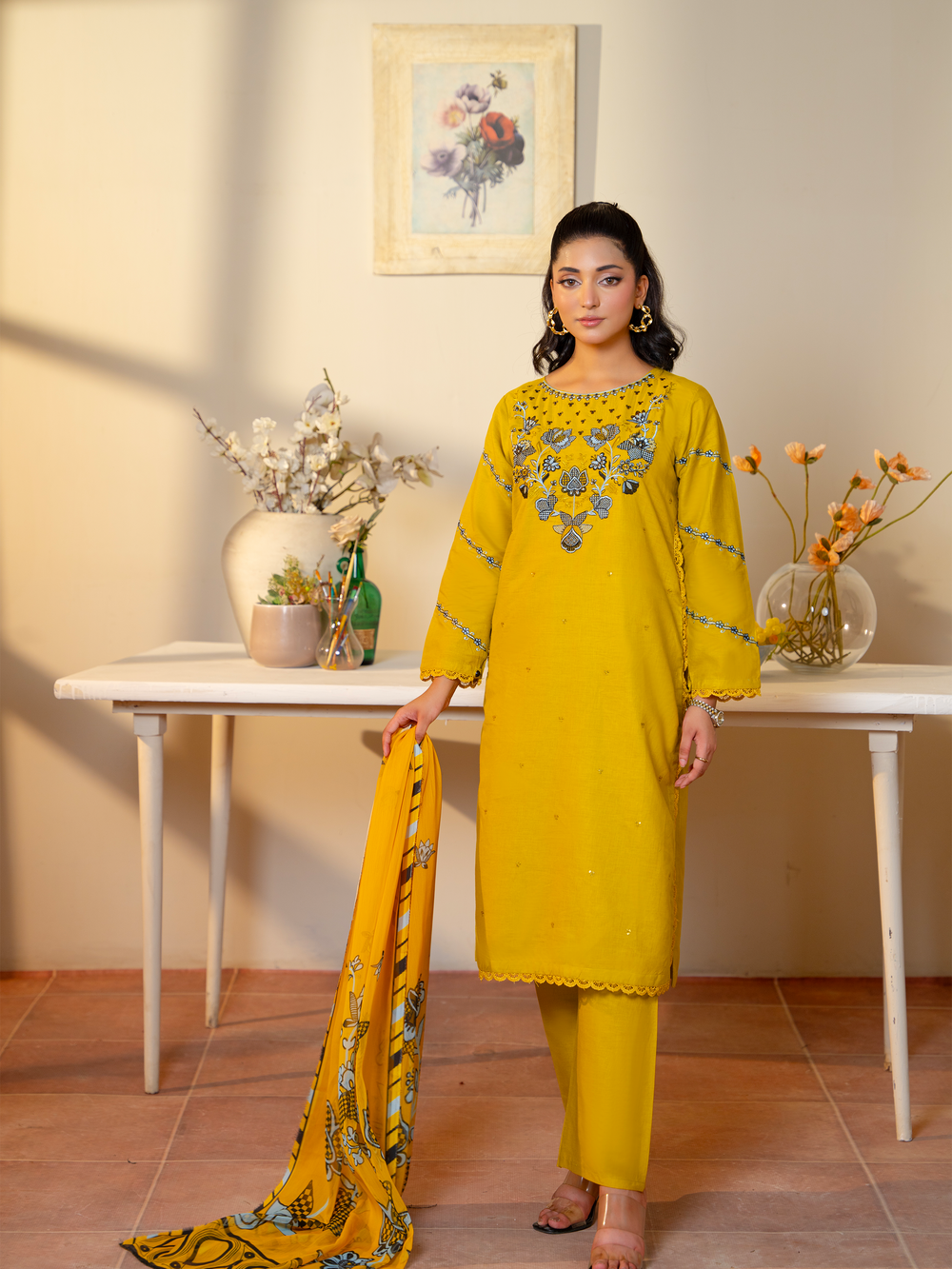 Embroidered Mustard Yellow Lawn 3 Piece Suit | Kahani47 - Brands Kahani
