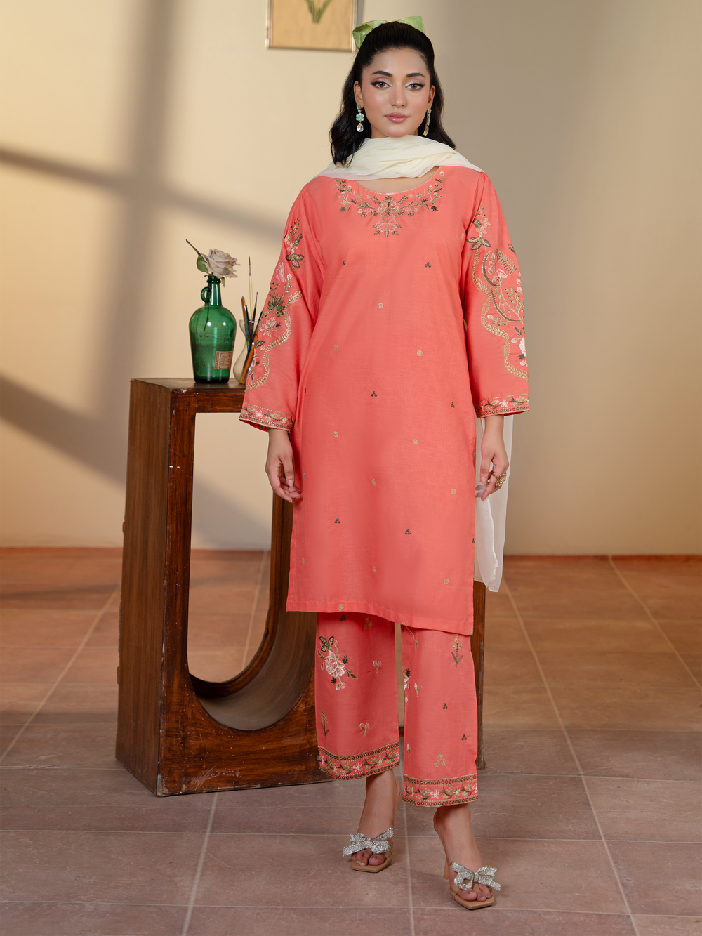Beautiful Peach Pink Embroidered Ladies Suit - Kahani47 - Brands Kahani