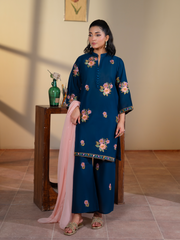 Navy Blue Floral Embroidered Lawn 3 Piece Suit with Light Pink Dupatta | Kahani 47