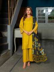 Mustard Yellow Embroidered Lawn 3 Piece Suit with Floral Chiffon Dupatta | Kahani 47