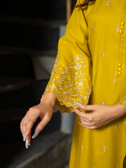 Mustard Yellow Embroidered Lawn 3 Piece Suit with Floral Chiffon Dupatta | Kahani 47