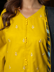Mustard Yellow Embroidered Lawn 3 Piece Suit with Floral Chiffon Dupatta | Kahani 47