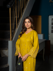 Mustard Yellow Embroidered Lawn 3 Piece Suit with Floral Chiffon Dupatta | Kahani 47