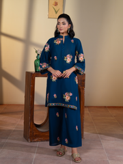 Navy Blue Floral Embroidered Lawn 3 Piece Suit with Light Pink Dupatta | Kahani 47