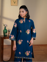 Navy Blue Floral Embroidered Lawn 3 Piece Suit with Light Pink Dupatta | Kahani 47