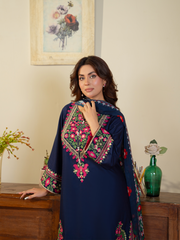 Navy Blue Embroidered Lawn Suit with Floral Dupatta & Trousers | Kahani 47 - Brands Kahani
