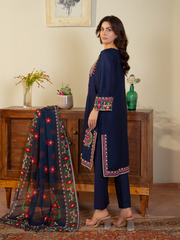 Navy Blue Embroidered Lawn Suit with Floral Dupatta & Trousers | Kahani 47 - Brands Kahani
