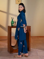 Navy Blue Floral Embroidered Lawn 3 Piece Suit with Light Pink Dupatta | Kahani 47