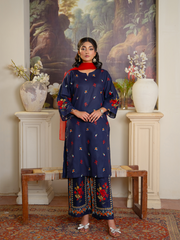 Embroidered Navy 3-Piece Suit with Red Detail Kahani 47