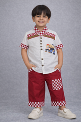 Boys Teddy Patch Shirt & Red Check Shorts Set