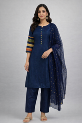 3 Pcs suit with multicoloured sequenced laces on and chiffon duppatta