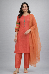 3 Pcs suit with multicoloured sequenced laces on sleeves and chiffon duppatta