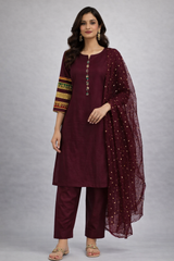 3 Pcs suit with multicoloured sequenced laces on sleeves and chiffon duppatta