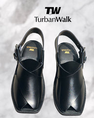 TurbanWalk Premium Black Peshawari Chappal – Handcrafted Leather & Cushion Sole - Brands Kahani