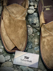 TurbanWalk Tan Suede Peshawari Chappal – Handmade with Adjustable Buckle Strap - Brands Kahani