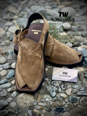 TurbanWalk Tan Suede Peshawari Chappal – Handmade with Adjustable Buckle Strap - Brands Kahani