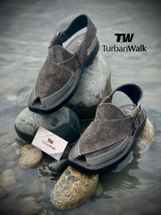 TurbanWalk Handmade Black Peshawari Chappal – Genuine Leather, Adjustable Heel Strap - Brands Kahani