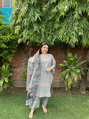 AttirePret: Elegant Stitched 3-Piece - Muted Grey - Brands Kahani