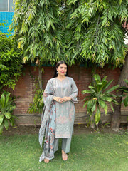 AttirePret: Elegant Stitched 3-Piece - Muted Grey - Brands Kahani