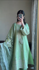 Mint Green 3-Piece Embroidered Cotton Suit – By Attirepret - Brands Kahani