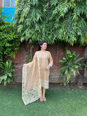 Golden Beige Bloom – Embroidered 3 Piece Cotton Suit by AttirePret - Brands Kahani