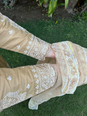 Golden Beige Bloom – Embroidered 3 Piece Cotton Suit by AttirePret - Brands Kahani