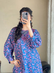 Blue Floral Cambric Suit with Magenta Trouser - Brands Kahani