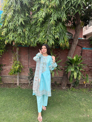 Enchanting Sky Blue Embroidered Suit - ATTIREPRET - Brands Kahani
