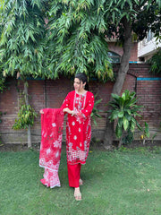 Radiant Red Embroidered 3-Piece Cotton Suit by AttirePret - Brands Kahani