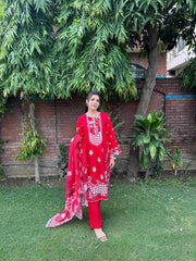 Radiant Red Embroidered 3-Piece Cotton Suit by AttirePret - Brands Kahani
