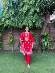 Radiant Red Embroidered 3-Piece Cotton Suit by AttirePret - Brands Kahani