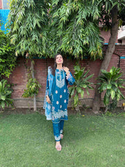 Teal Blue Embroidered 3-Piece Cotton Suit by AttirePret - Brands Kahani