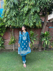 Teal Blue Embroidered 3-Piece Cotton Suit by AttirePret - Brands Kahani