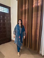 Attirepret - Majestic Teal Ready-to-Wear Cotton 3-Piece Suit - Brands Kahani