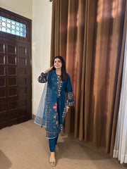 Attirepret - Majestic Teal Ready-to-Wear Cotton 3-Piece Suit - Brands Kahani