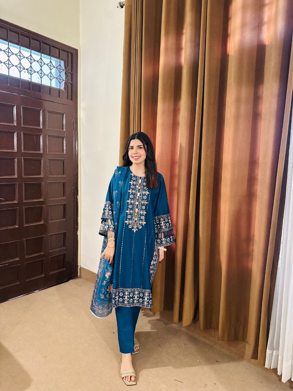 Attirepret - Majestic Teal Ready-to-Wear Cotton 3-Piece Suit - Brands Kahani