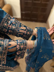 Attirepret - Majestic Teal Ready-to-Wear Cotton 3-Piece Suit - Brands Kahani