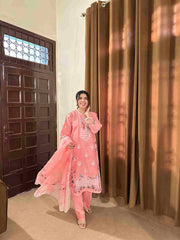 Attirepret Soft Pink 3-Piece Cotton Embroidered - Brands Kahani