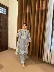 Elegant Grey Embroidered 3-Piece Cotton Suit by AttirePret - Brands Kahani