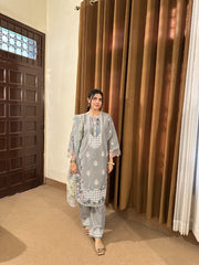 Elegant Grey Embroidered 3-Piece Cotton Suit by AttirePret - Brands Kahani