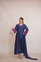 Royal Blue Silk Long Frock with Embellished Sleeves – Luxury Formal Wear - Brands Kahani