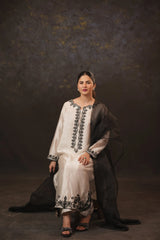 Elegant Off-White Embroidered Formal Kurta with Black Dupatta – 3-Piece Set - Brands Kahani