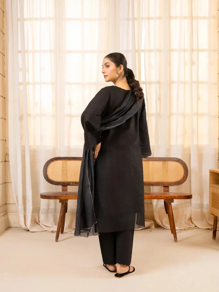 Black Dobby Cotton 3-Piece Suit Embroidered | AttirePret - Brands Kahani