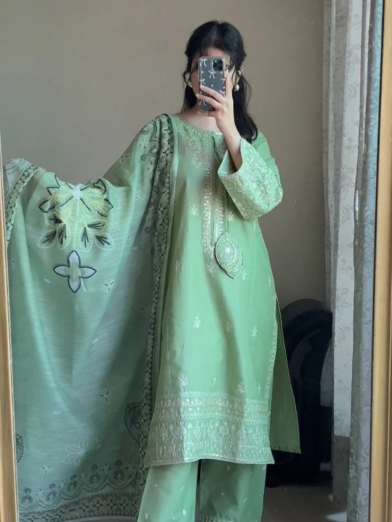 Mint Green 3-Piece Embroidered Cotton Suit – By Attirepret - Brands Kahani