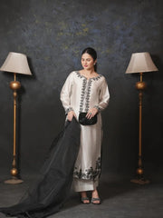 Elegant Off-White Embroidered Formal Kurta with Black Dupatta – 3-Piece Set - Brands Kahani